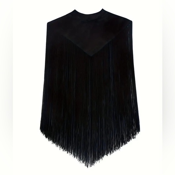 Tassel Trim Mock Neck Crop Shawl Cloak - Picture 6 of 6